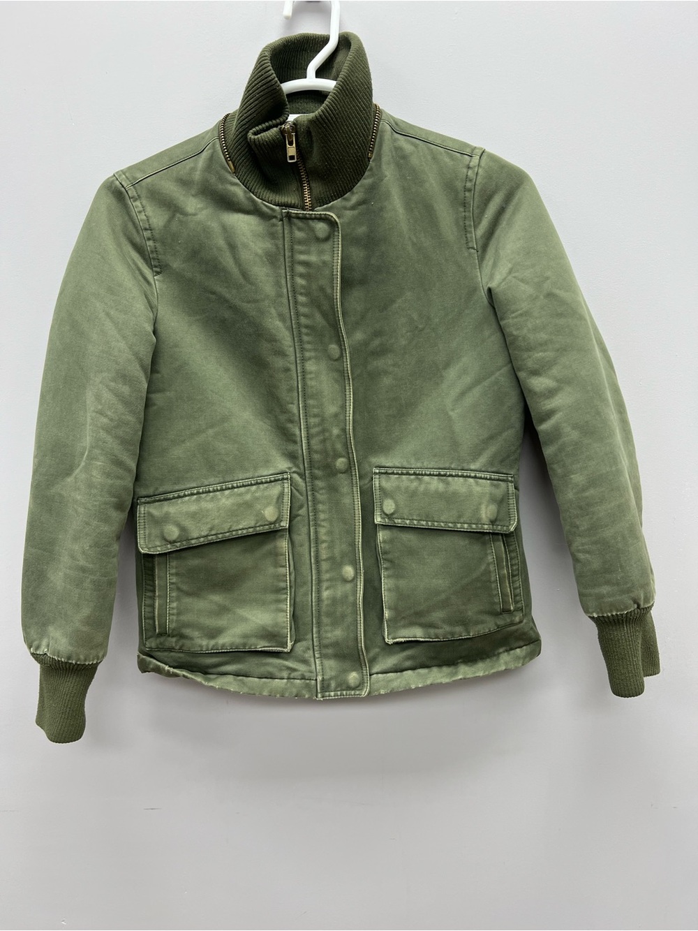 Lucky Brand Distressed Olive Green Quilted Jacket with Ribbed Collar Women’s L